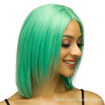 Korean Transparent color Lace Front Green Wig, 8 10 Inch Bob Wigs Sunny Green Human Hair Wigs With Elastic Band